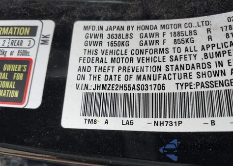 2010 Honda Insight Lx из США, поврежденный, VIN JHMZE2H55AS031706